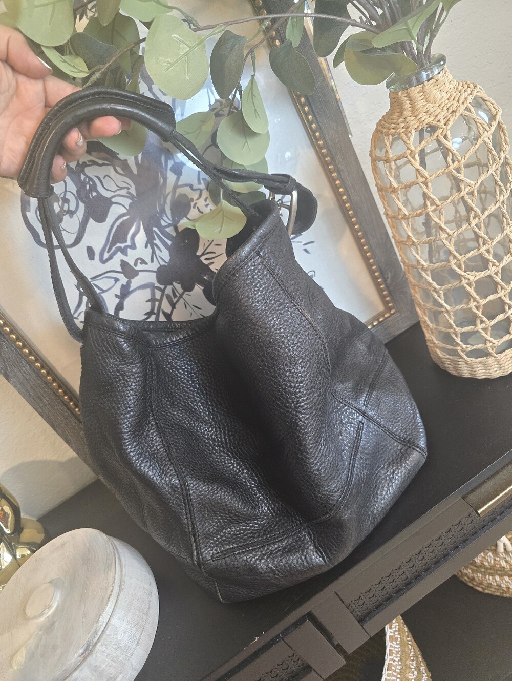 Cole Haan Black Pebbled leather bucket hobo shoulder Cinch bag